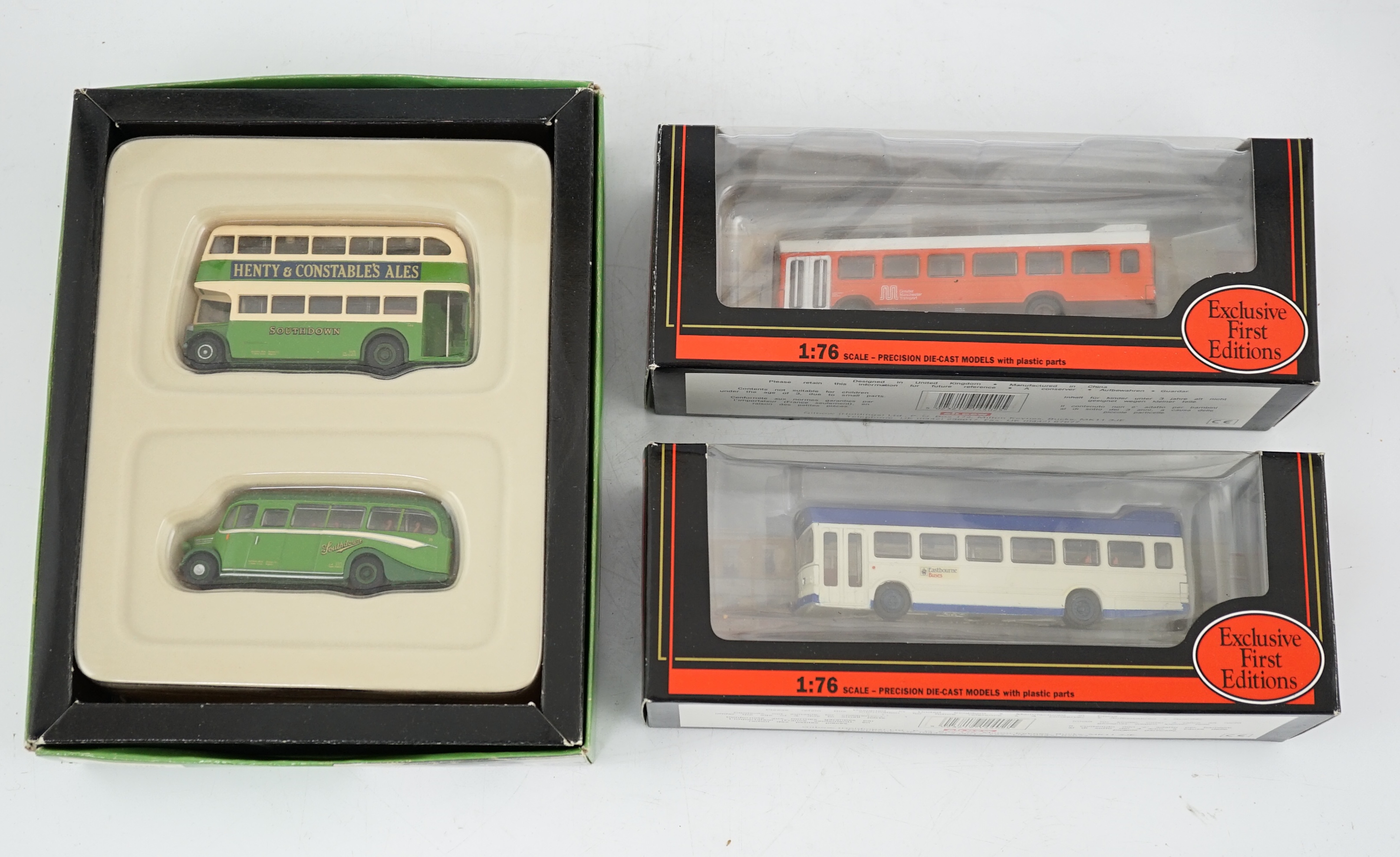 Thirty-two boxed EFE diecast buses, coaches, gift sets, etc. and one Britbus, operators including; East Kent, green line, Hants and Dorset, Southdown, National express, etc.